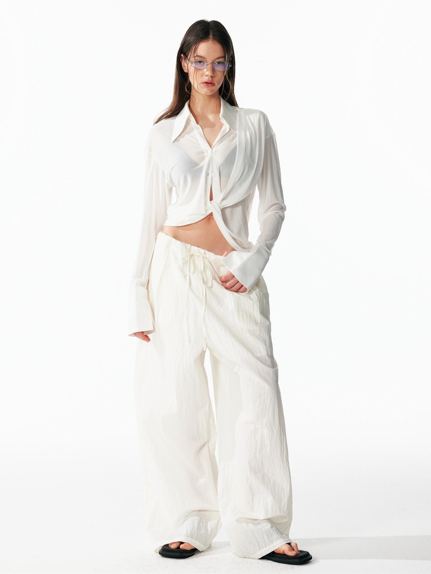 ALINNVSTUDIO Cooling Lightweight Breathable Asymmetric V-neck Slim Fit Open Front Women Blouses