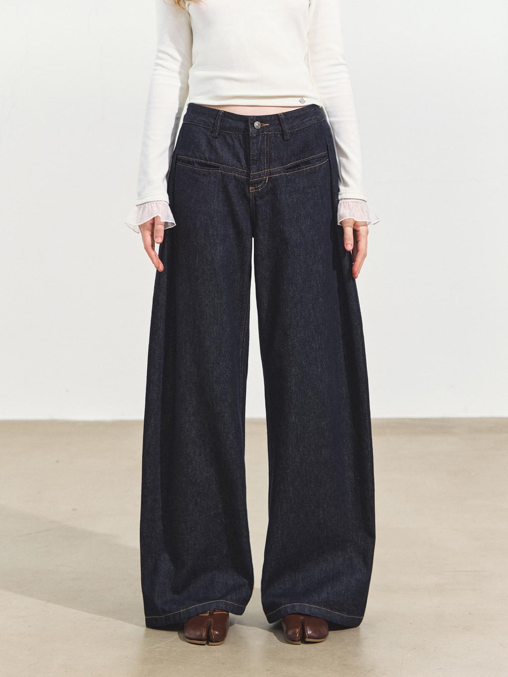 SOMESOWE Pleated Casual Natural Waist Loose Cotton Pocket Zip Blue Women Wide Leg Jeans