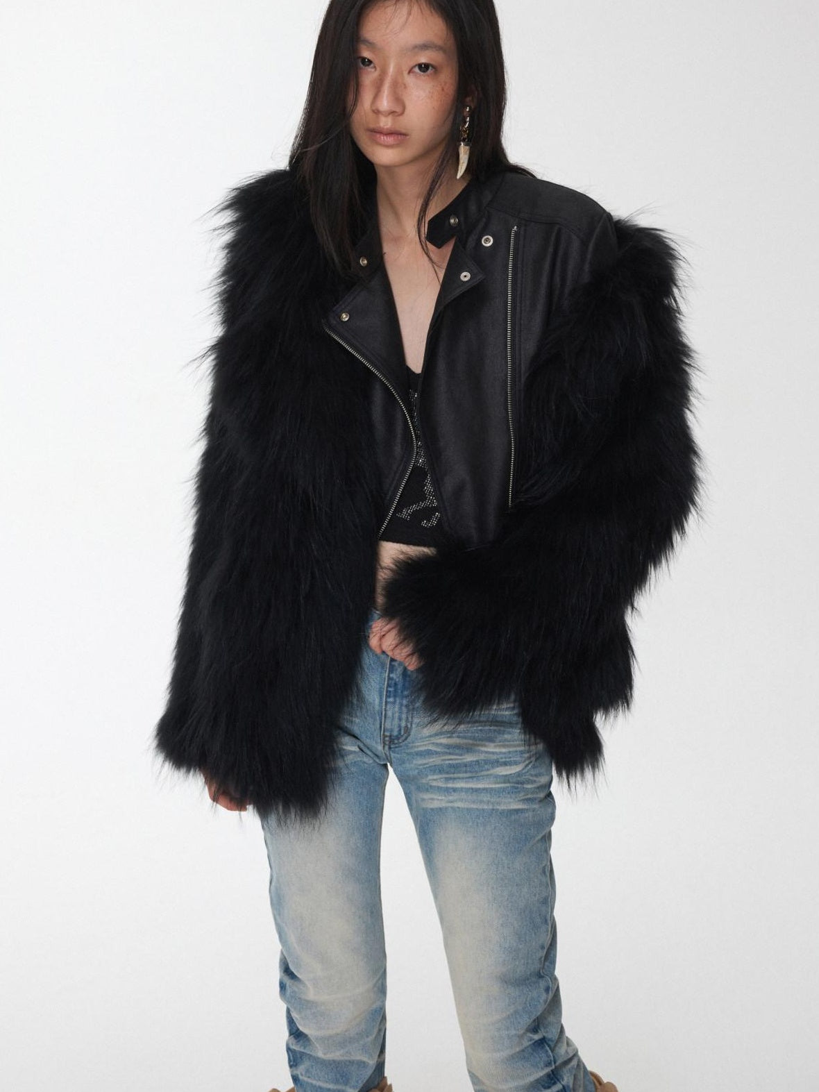 1JINN STUDIO Cozy Woven Cropped Cinched Waist Lapel Long Sleeve Young Women Faux Fur Coats