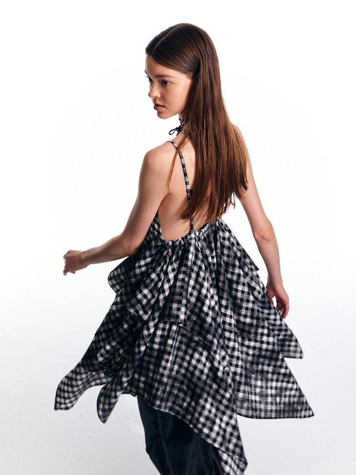 ALINNVSTUDIO Plaid Strappy Polyester Sweet Spicy Sleeveless Youth City Commute Midi Dresses