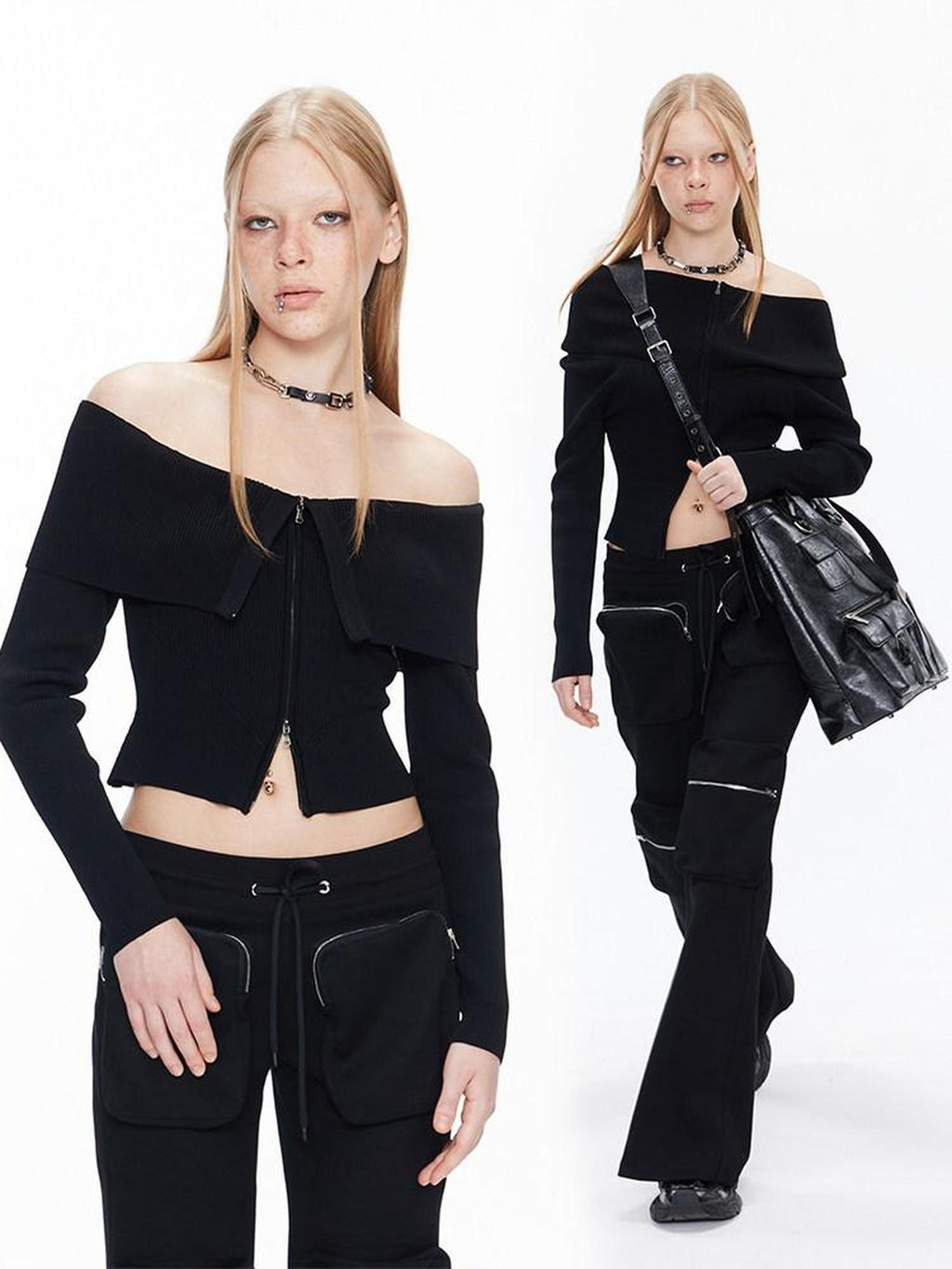 ALINNVSTUDIO Black Long Sleeve One Size Open Front Office Style Solid Off Shoulder Crop Tops