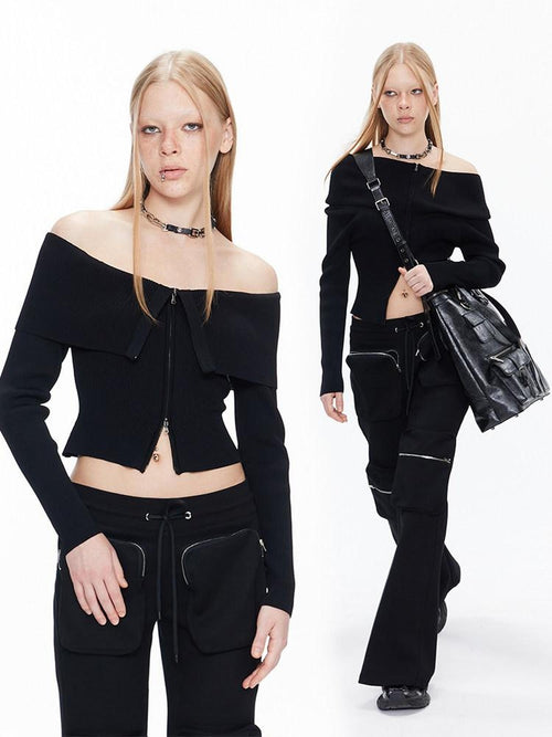 ALINNVSTUDIO Black Long Sleeve One Size Open Front Office Style Solid Off Shoulder Crop Tops