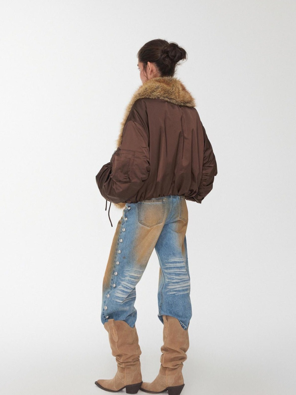 1JINN STUDIO Versatile Brown Utility Turn Down Collar Women Casual Outerwear Bomber Jackets