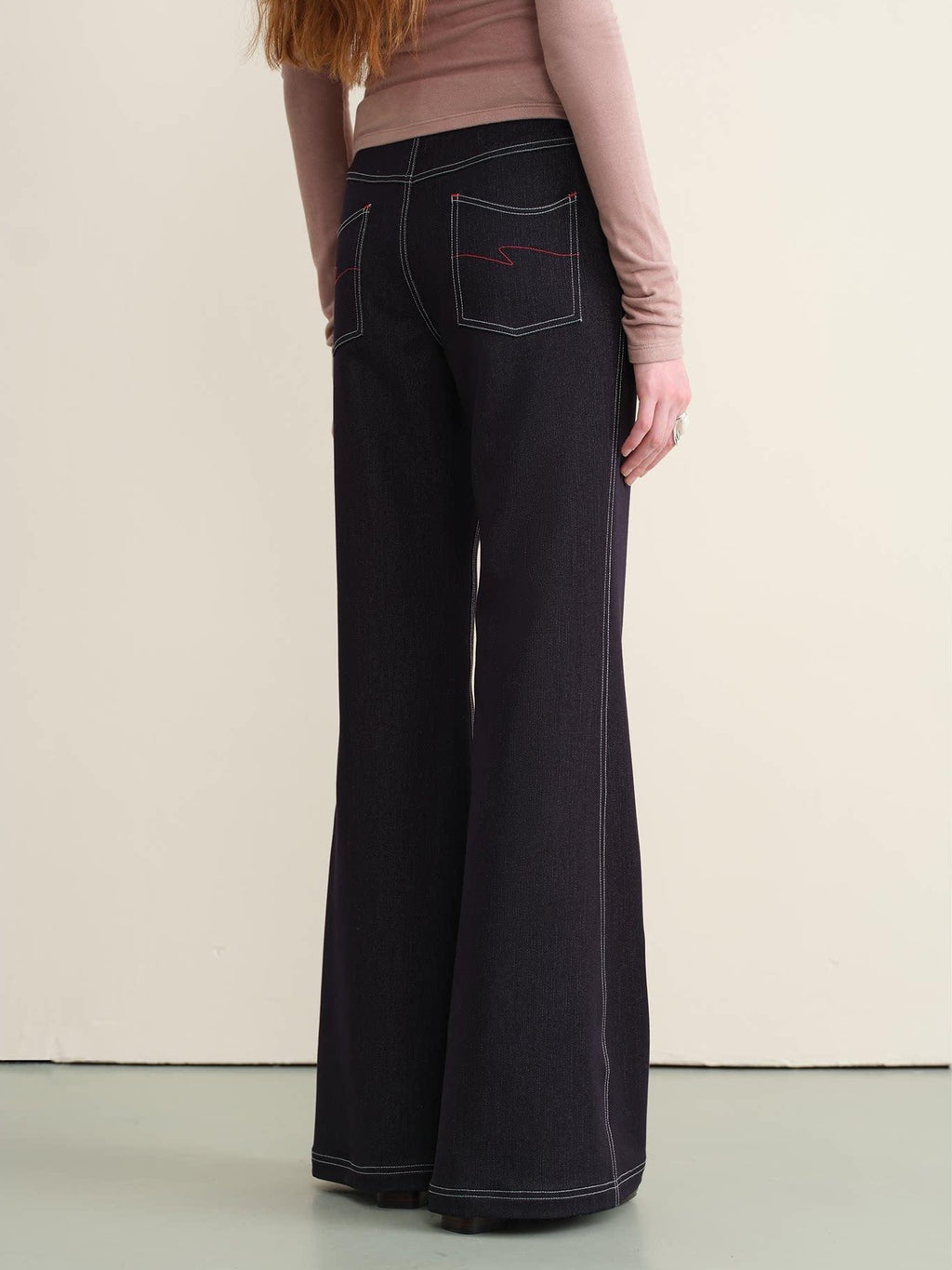 someonesometimes Stretch Minimal Natural Waist Topstitch Detail Women Midnight Blue Flared Jeans