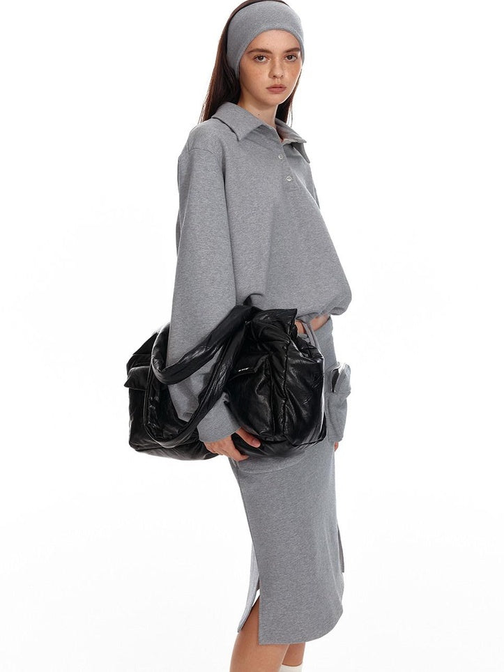 ALINNVSTUDIO Cropped Loose Fit Polo Collar Long Sleeve Commuter Solid Color Sweatshirt