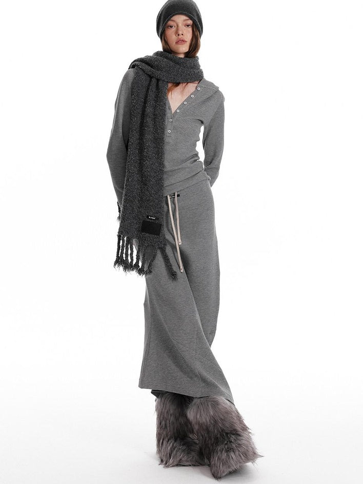 ALINNVSTUDIO Cozy Hooded Long Sleeve Button Front Curved Hem Youth Gray Top & Skirt Sets