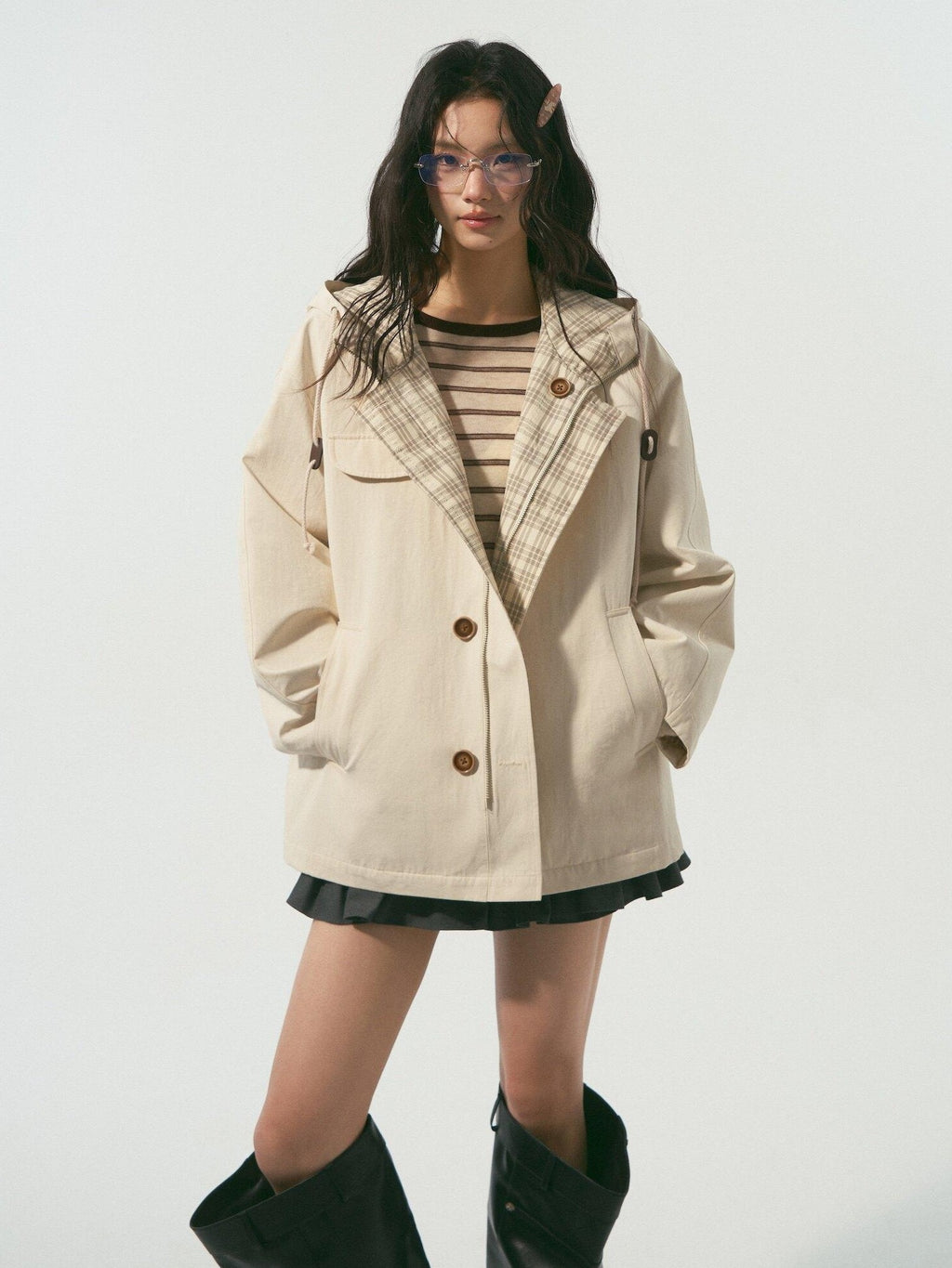 SOMESOWE Versatile Hooded Mid Length Loose Fit Women Plaid Polyester Jackets