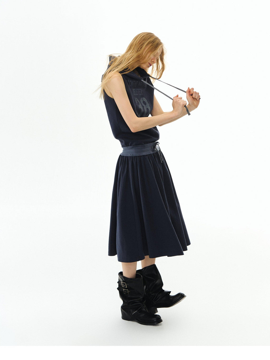 DeleteEx Soft Cotton Blend Elastic Waist Insta Sleeveless Printed Vest Navy Midi Dresses