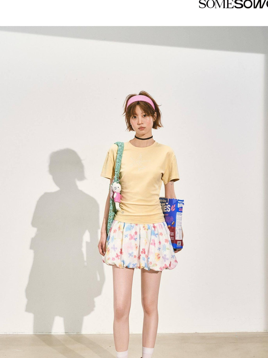 SOMESOWE Pleated A Line Mid Waist Loose Fit Casual Floral Pink Polyester Mini Skirts