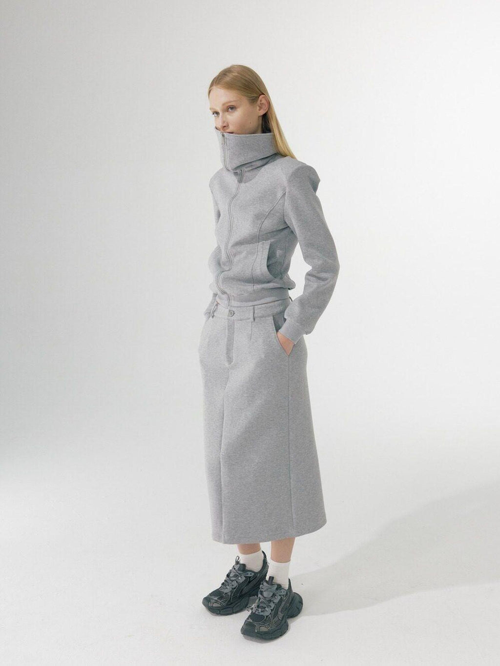BUZHOU Zip Stand Collar Long Sleeve Stretch Cotton Commuter Grey Women Top & Skirt Sets