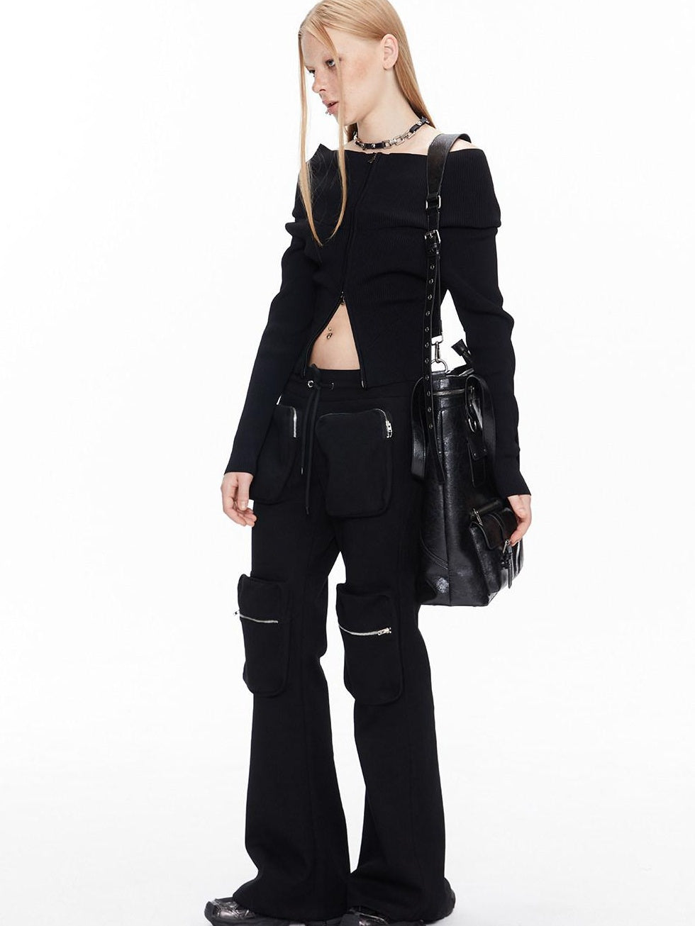 ALINNVSTUDIO Black Long Sleeve One Size Open Front Office Style Solid Off Shoulder Crop Tops