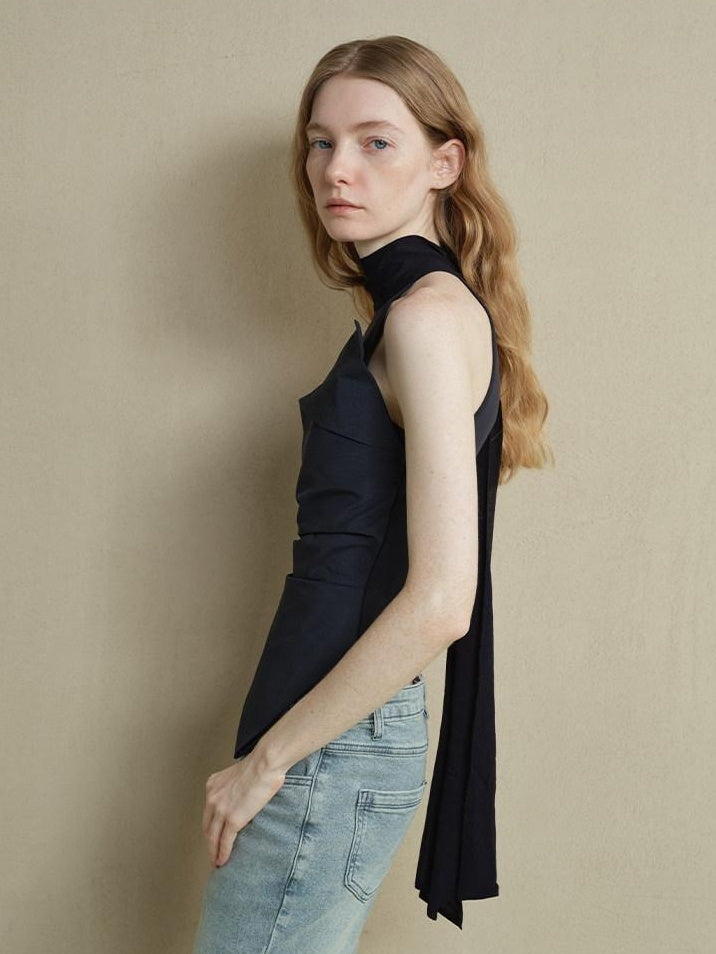 someonesometimes Slim Cutout Ruched Tie Front Korean Casual Navy Poly Tank Tops