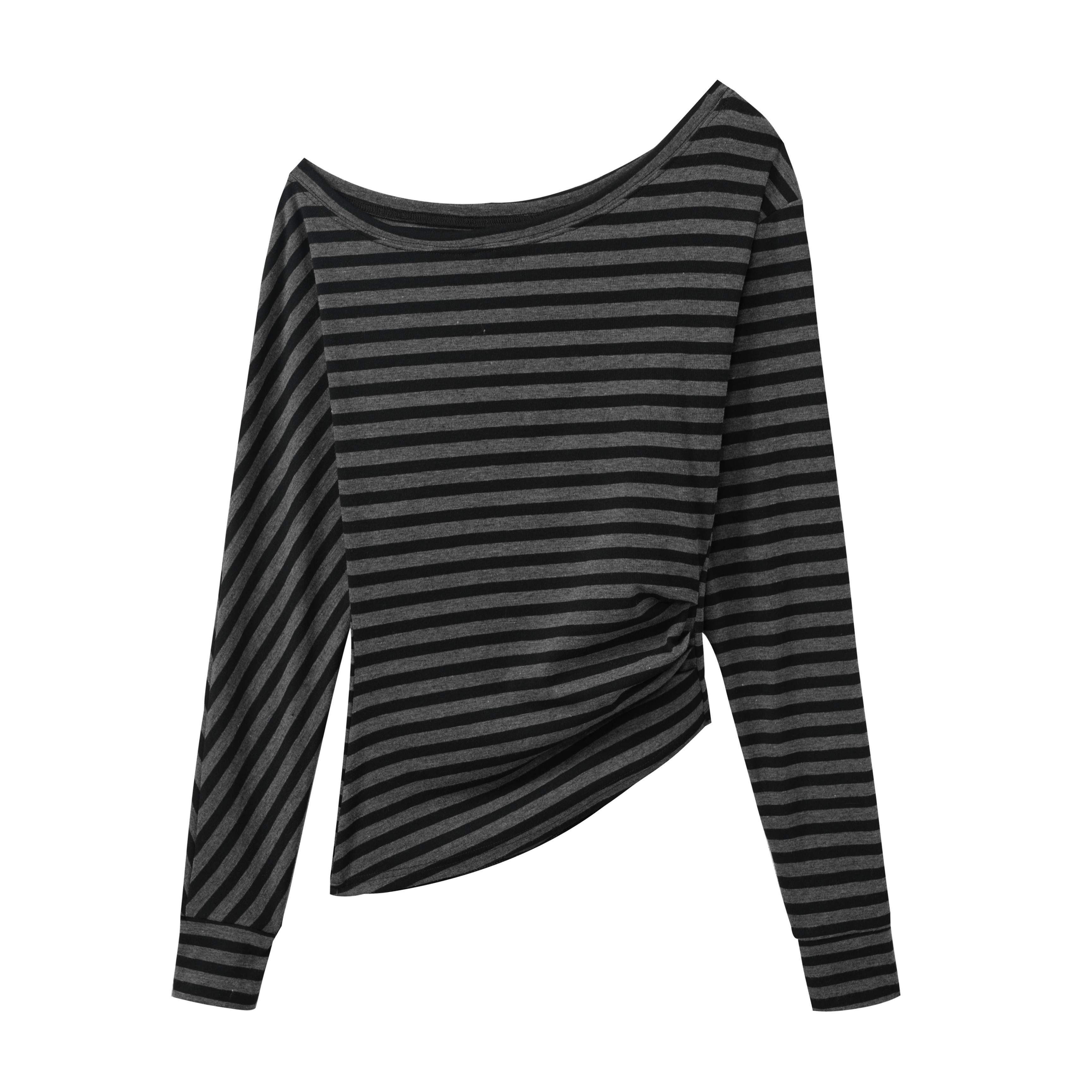 DeleteEx_Ruched_Asymmetric_Off_Shoulder_Loose_Casual_Striped_Womens_Long_Sleeve_Crop_Tops_MISSTT