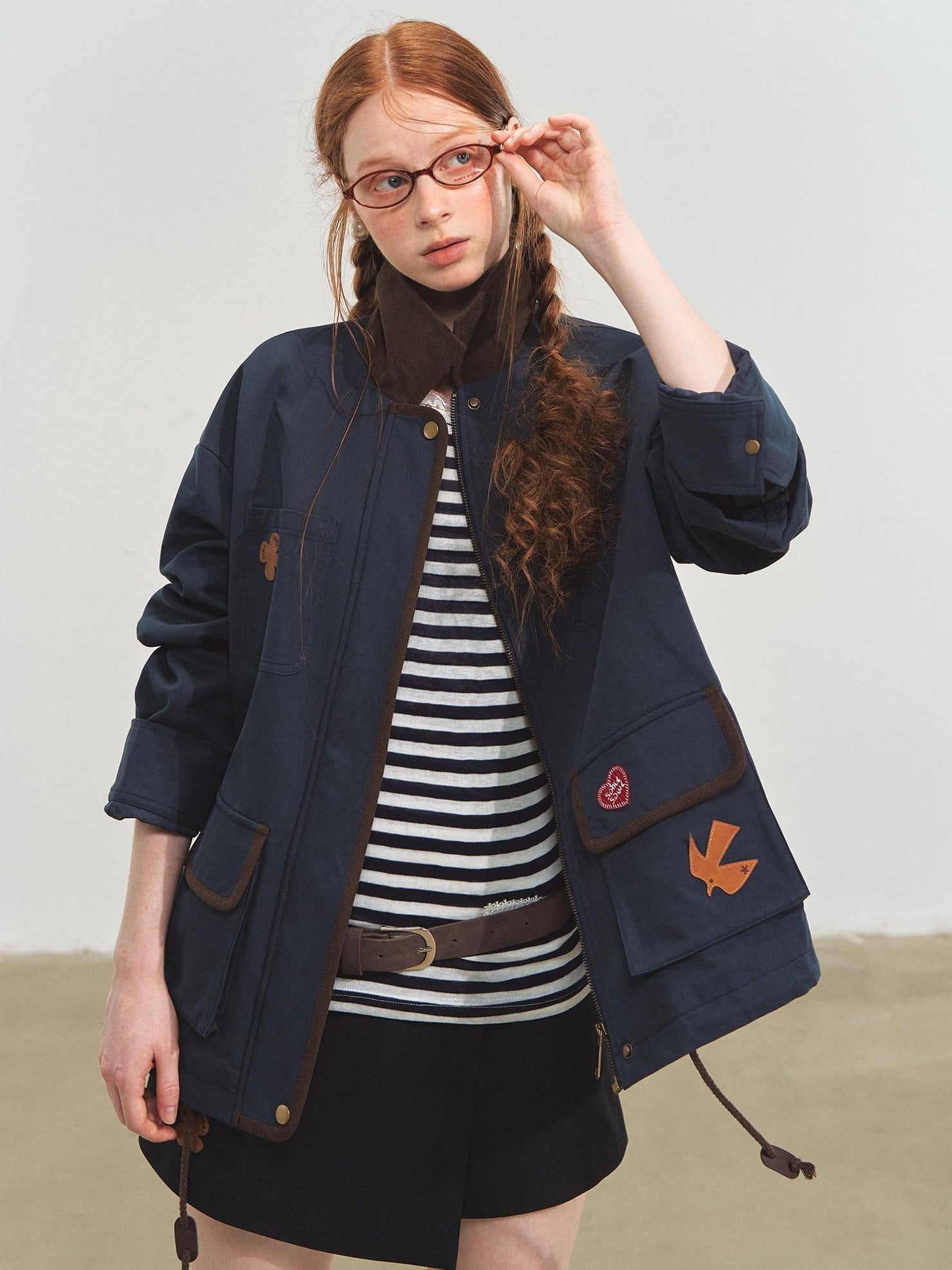 SOMESOWE Everyday Casual Loose Fit Flap Pocket Zip Front Women Khaki Navy Bomber Jackets
