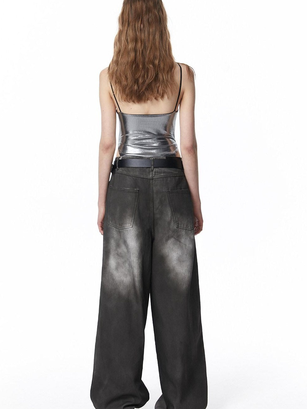 ALINNVSTUDIO Distressed Vintage Natural Waist Long Dark Gray Zip Fly Denim Wide Leg Jeans