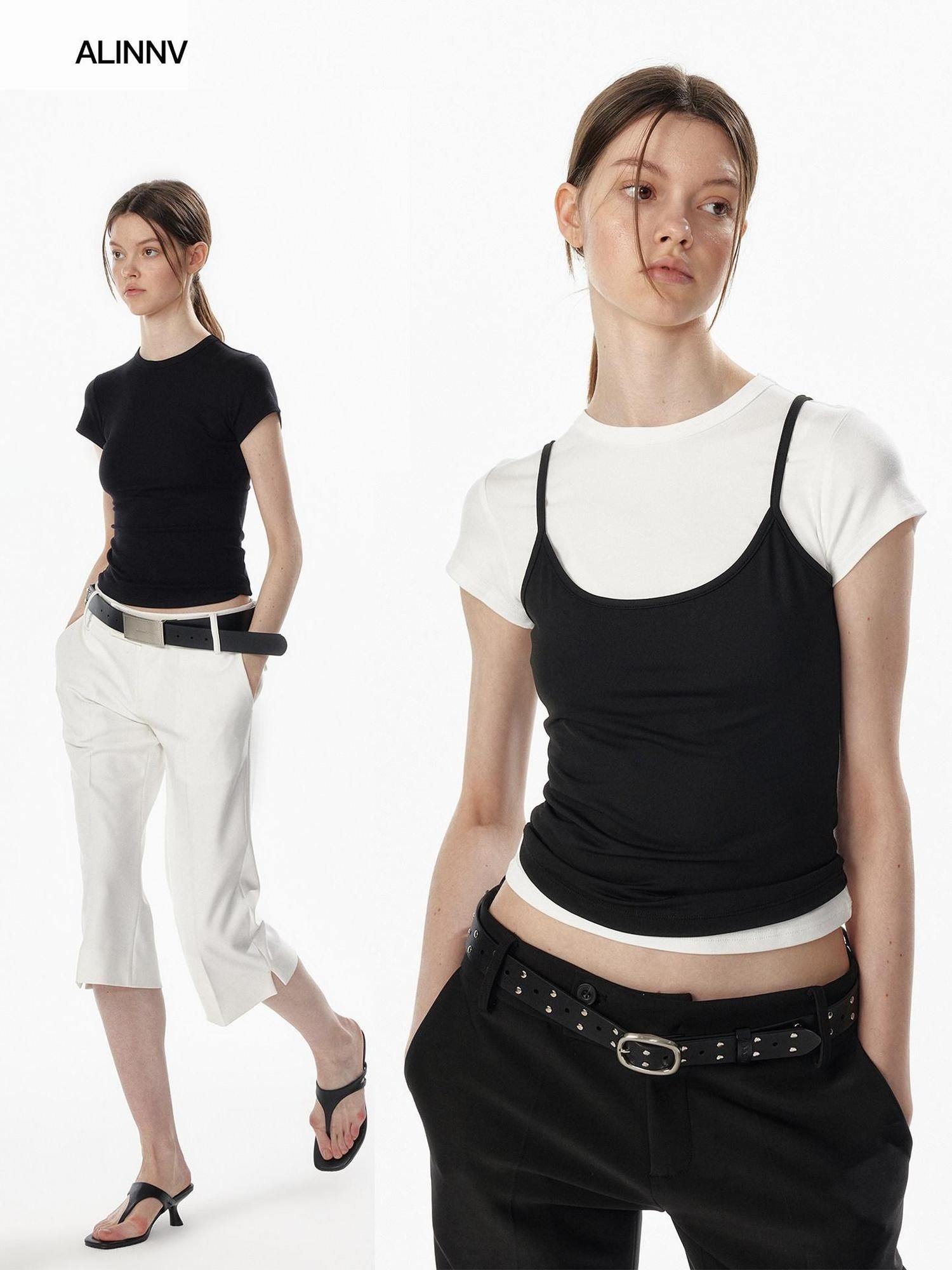 ALINNVSTUDIO Light Cleanfit Slim Crew Neck Short Sleeve Womens Cropped Tee Basic Crop Tops