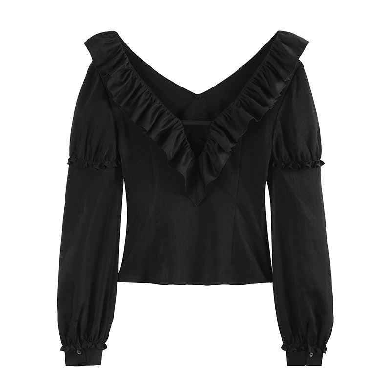 someonesometimes_Sleek_V-neck_Slim_Fit_Commuter_Long_Sleeve_Black_Poly_Viscose_Women_Work_Blouses_MISSTT