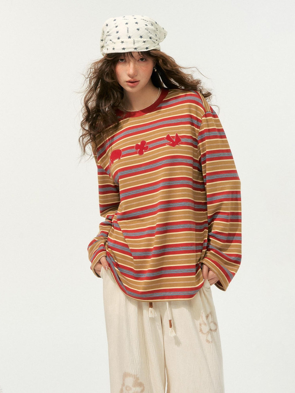 SOMESOWE Creative Embroidered Print Loose Crewneck Women Striped Long Sleeve T-Shirts