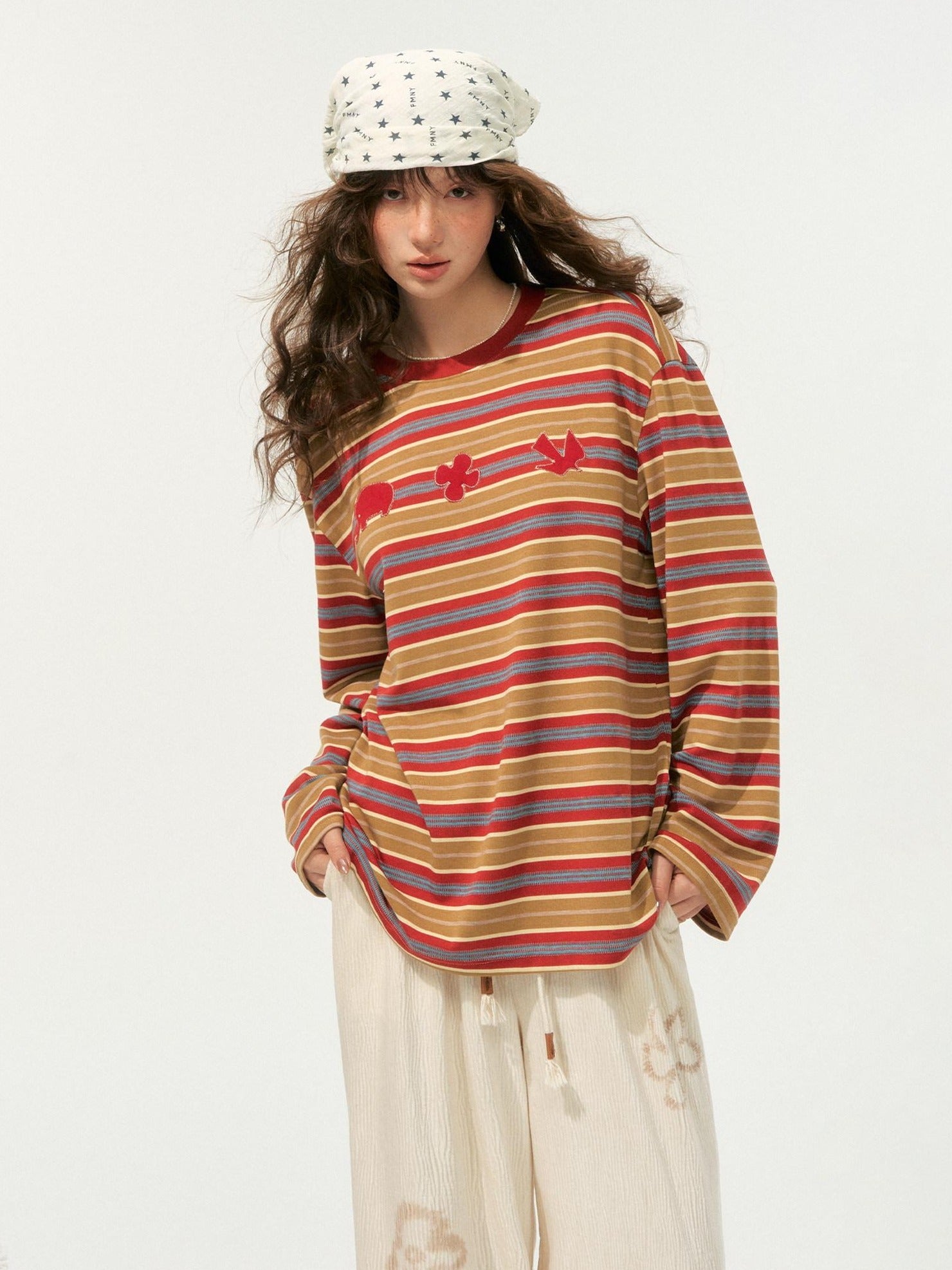 SOMESOWE Creative Embroidered Print Loose Crewneck Women Striped Long Sleeve T-Shirts