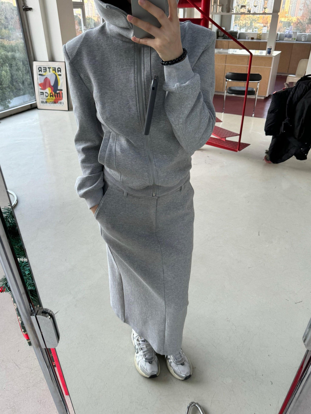 BUZHOU Zip Stand Collar Long Sleeve Stretch Cotton Commuter Grey Women Top & Skirt Sets