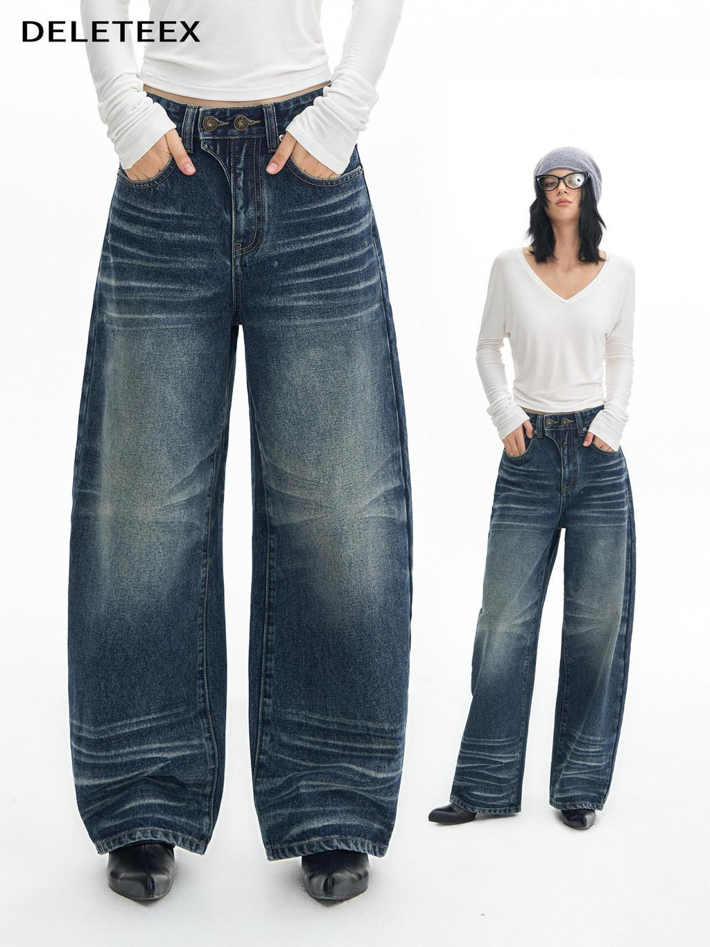 DeleteEx High Waist Mid Stretch Vintage Washed Loose Women Deep Blue Wide Leg Jeans