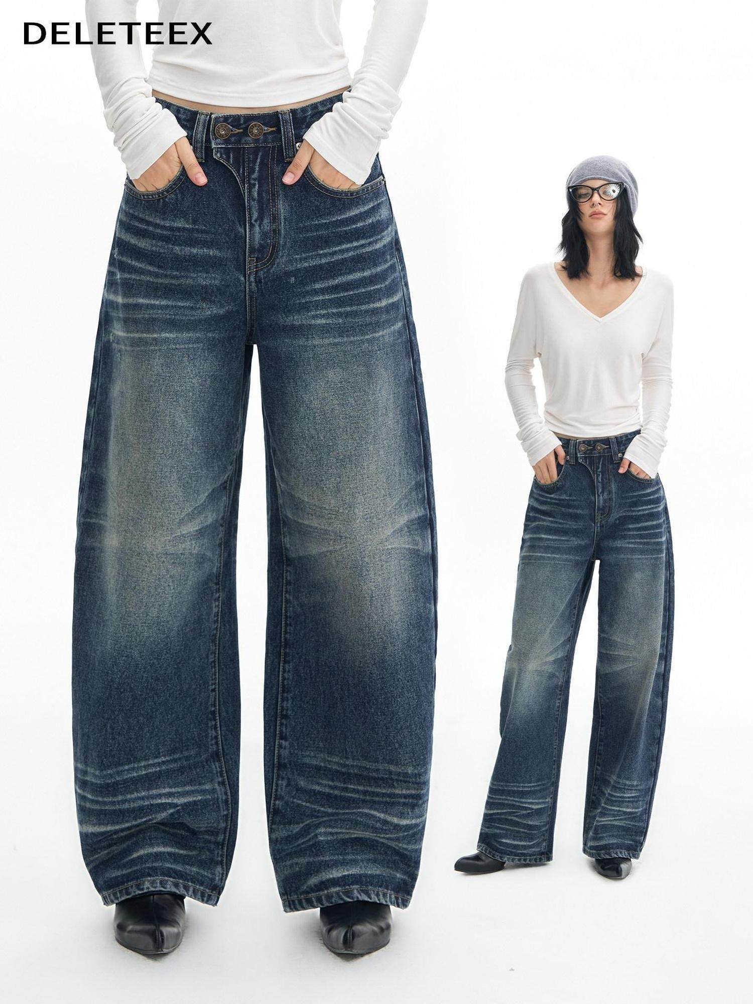 DeleteEx High Waist Mid Stretch Vintage Washed Loose Women Deep Blue Wide Leg Jeans