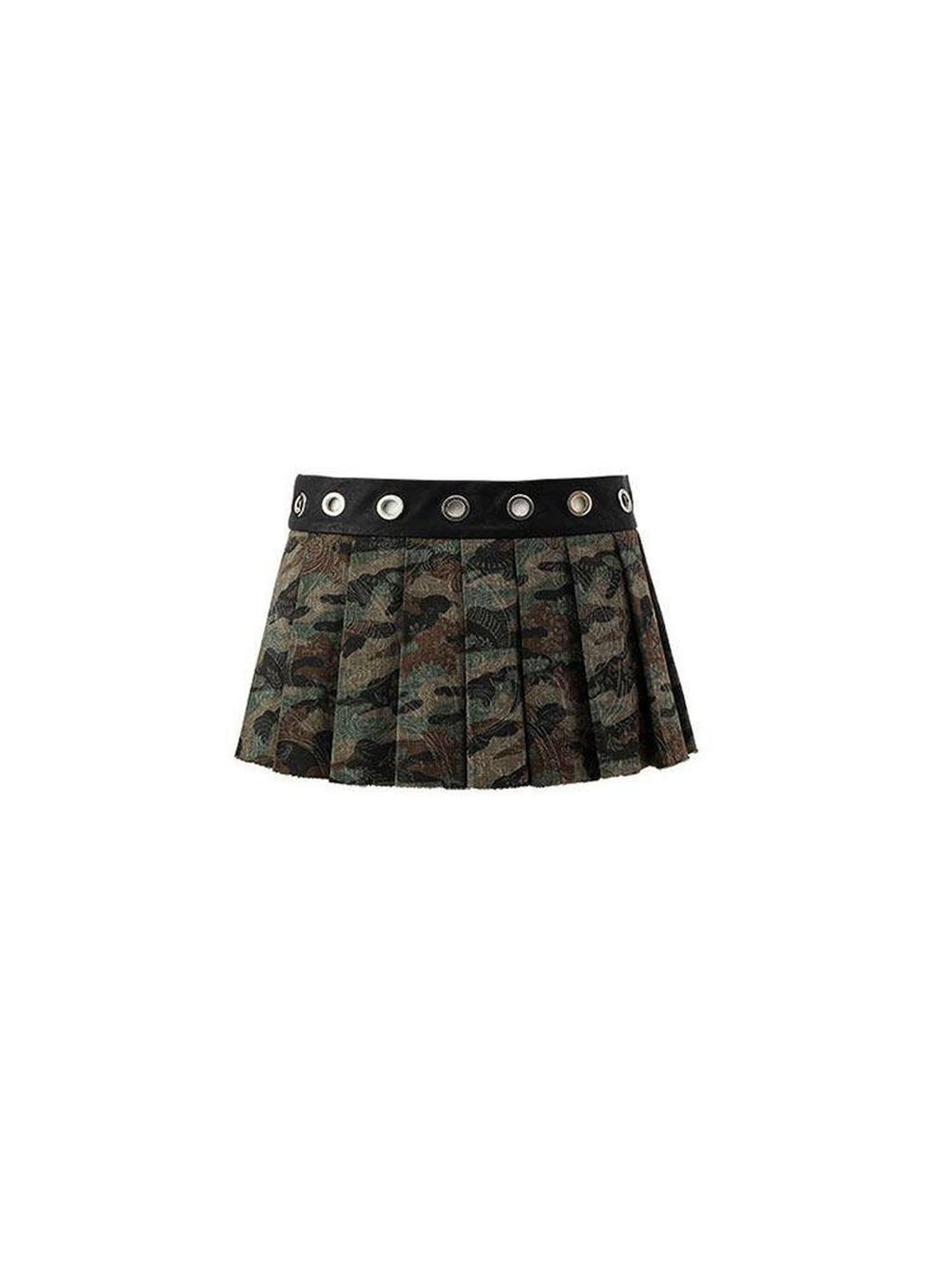 1JINN STUDIO Low Waist Pleated A Line Patchwork Camo Streetwear Women Mini Skirts