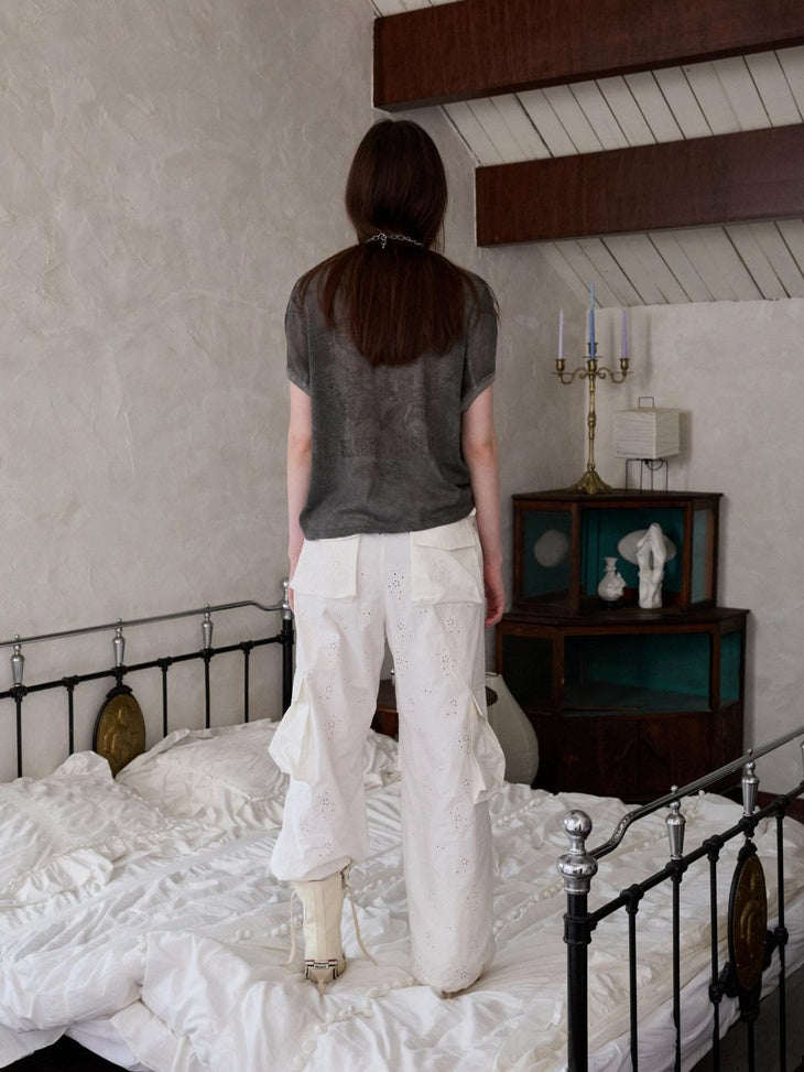 1JINN STUDIO Versatile Minimal Loose Flared Low Rise Zip Fly Cotton Jacquard Cargo Pants