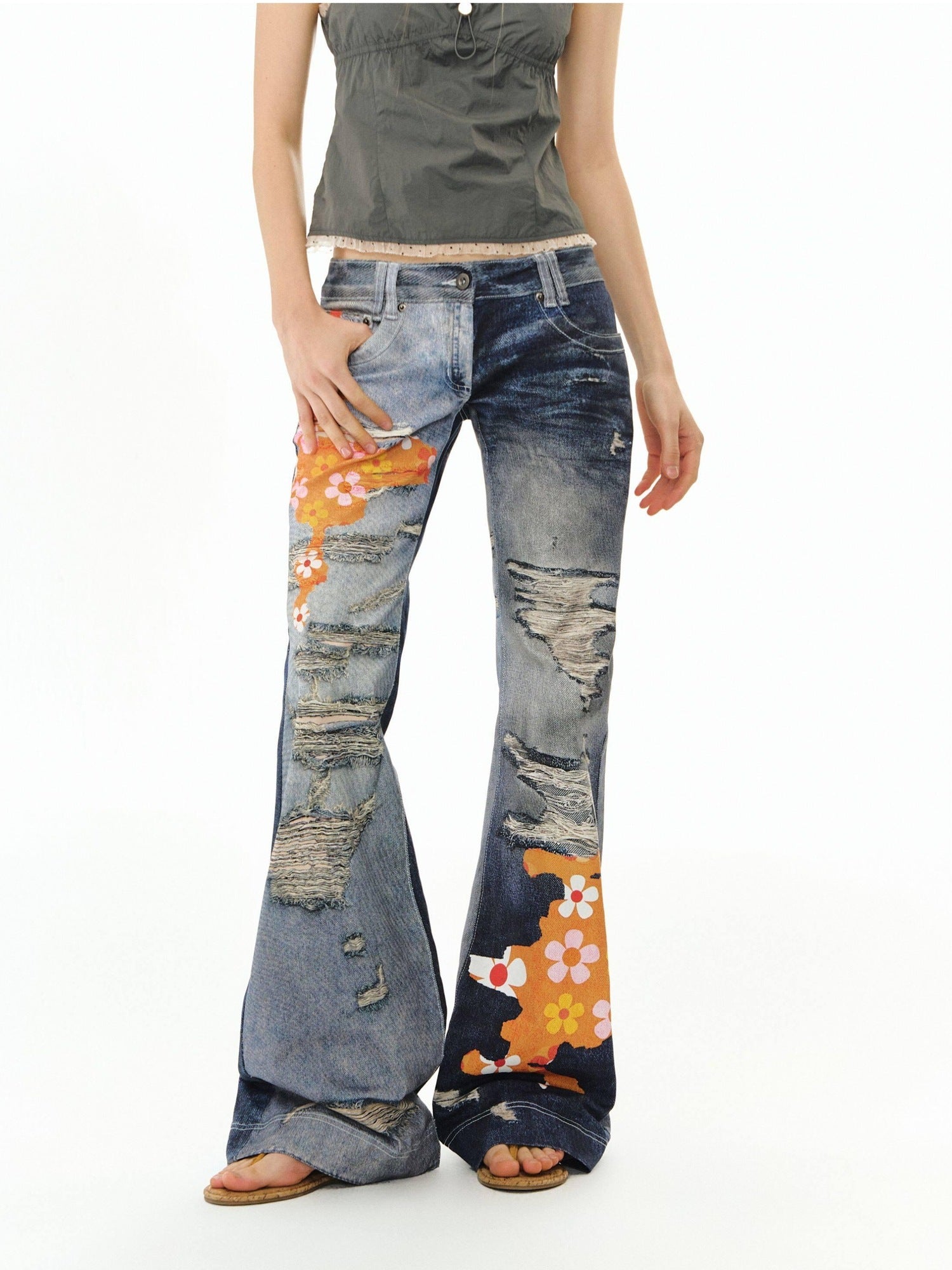 DeleteEx Stretch Cotton Denim Low Rise Micro Flare Casual Deep Blue Long Flared Jeans