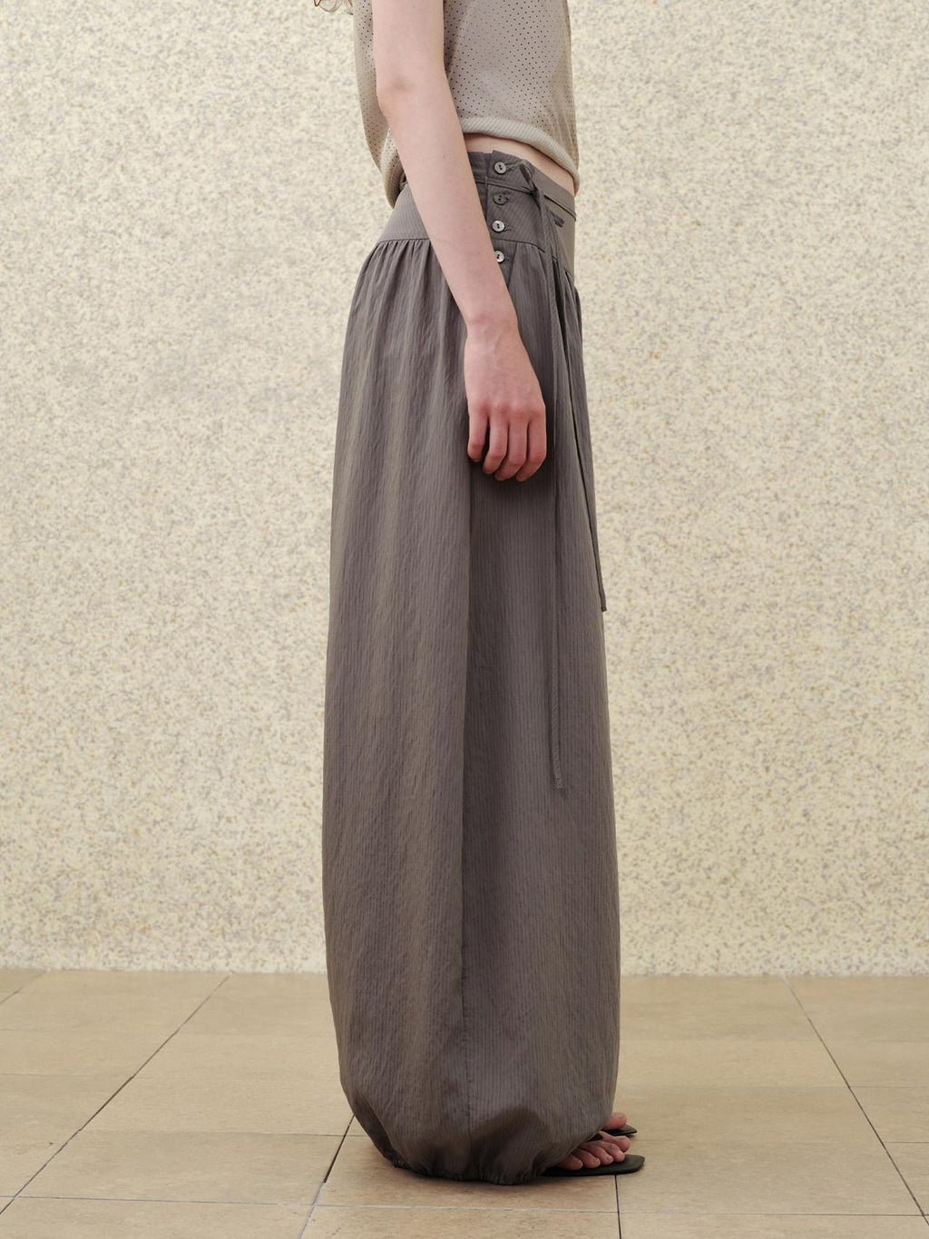 someonesometimes Soft Modal Loose Lantern Natural Waist Button Smoky Grey Wide Leg Pants