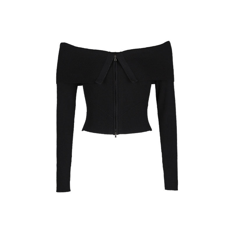 ALINNVSTUDIO_Black_Long_Sleeve_One_Size_Open_Front_Office_Style_Solid_Off_Shoulder_Crop_Tops_MISSTT
