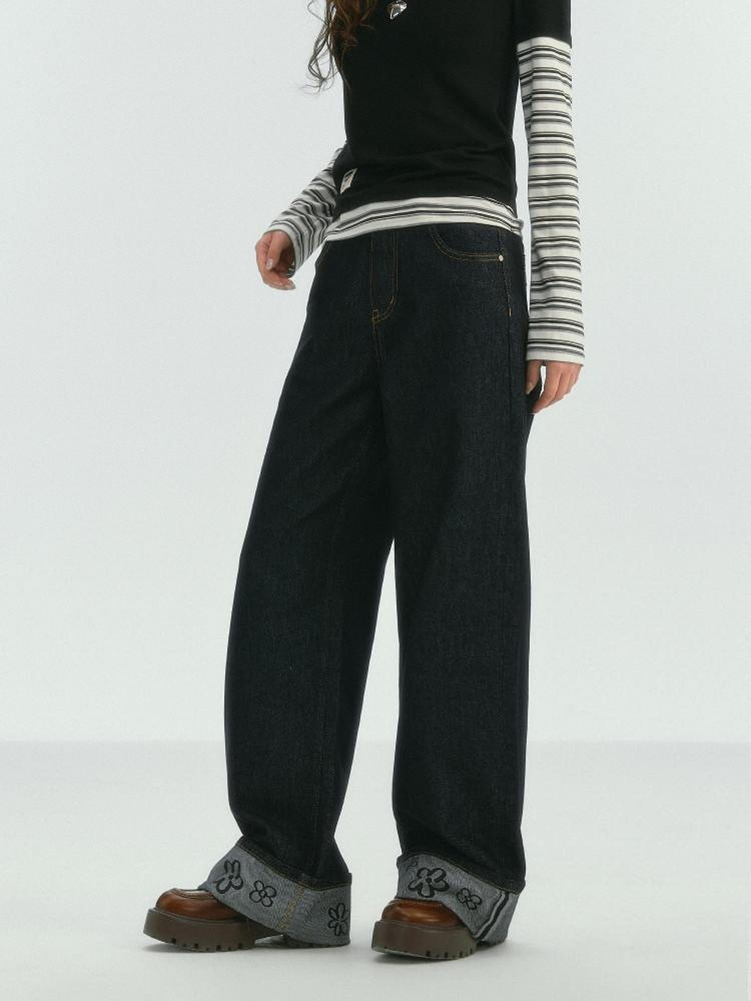 SOMESOWE Relaxed Streetwear Unisex Floral Detail Blue Black Denim Straight Leg Jeans