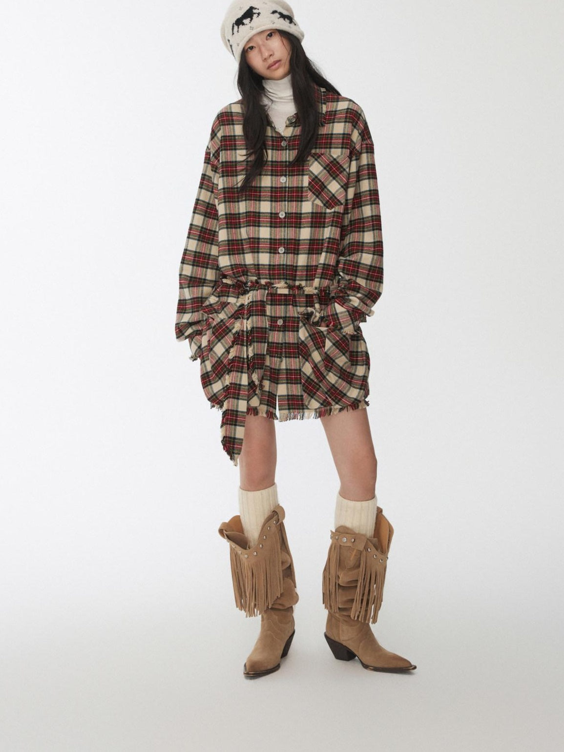 1JINN STUDIO Cotton Plaid Workwear Loose Straight Fit Long Sleeve Casual Women Mini Dresses