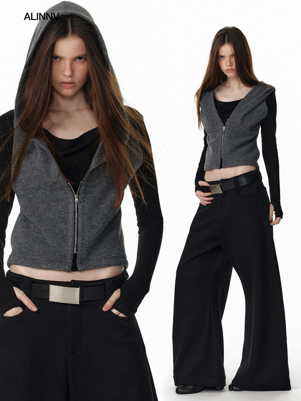 ALINNVSTUDIO Vintage Faux Layered Hooded Zip Knit Short Length Women Black Gray Cardigans