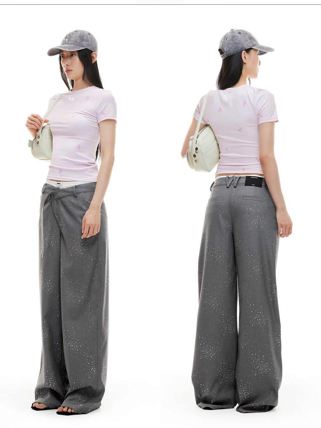 NAWSNOTAWEAR Rhinestone Low Rise Relaxed Women Button Closure Mist Gray Wide Leg Pants