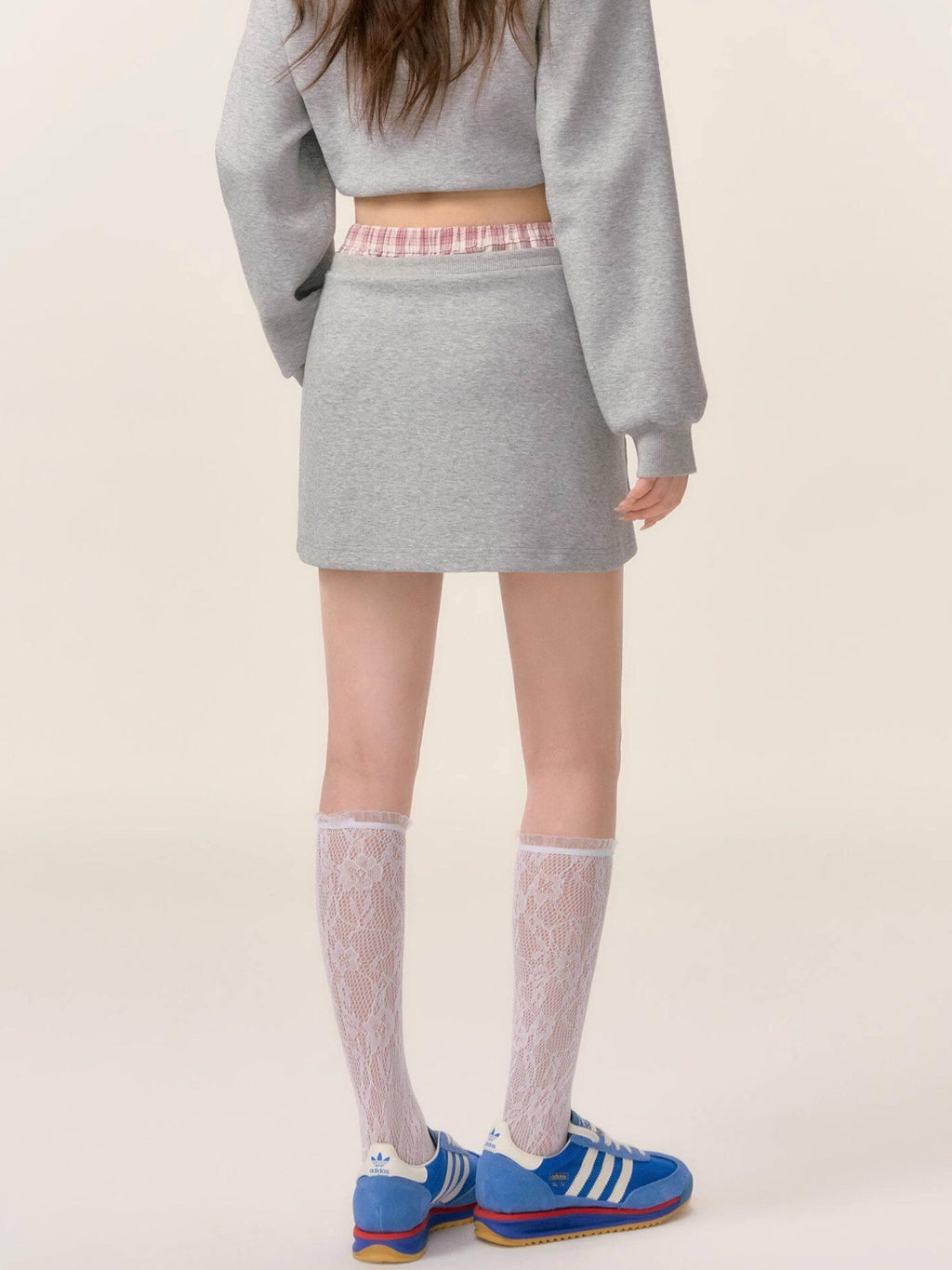 SOMESOWE Cotton Crew Long Sleeve Casual Mini Skirt Women Gray Navy Top & Skirt Sets