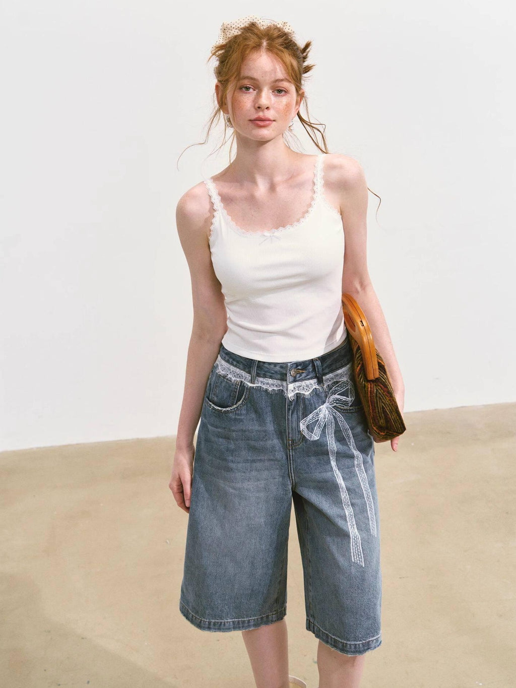 SOMESOWE Soft Washed Cotton Stretch Casual Straight Natural Waist Women Blue Denim Shorts
