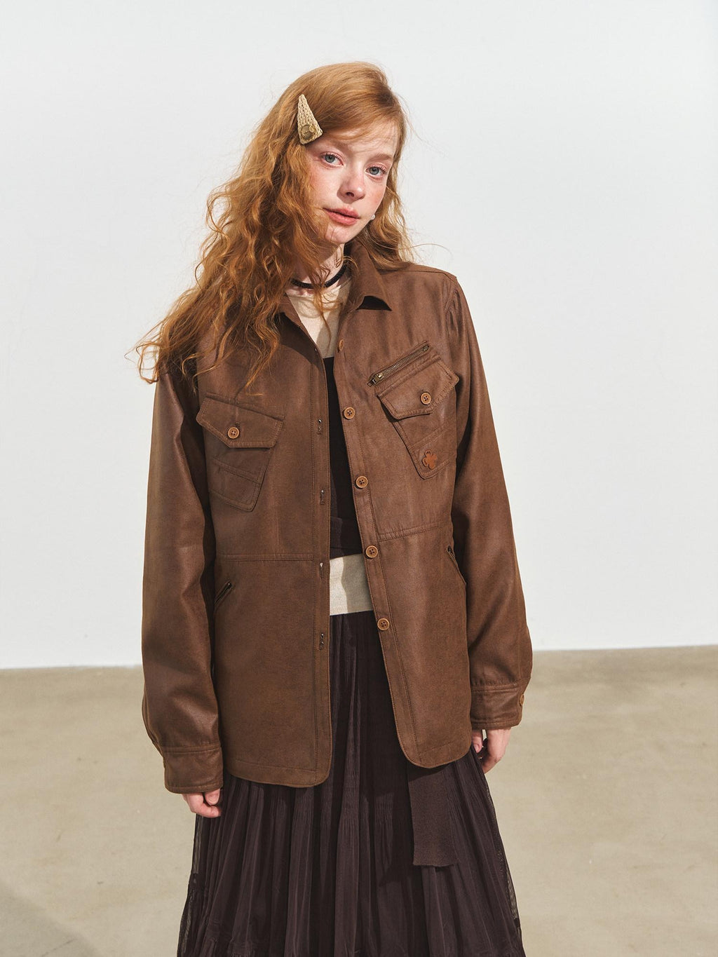 SOMESOWE Oversized Casual Pu Stand Collar Zip Flap Pocket Brown Women Leather Jackets