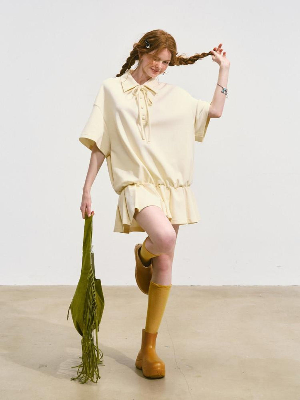 SOMESOWE Cotton Blend Minimal Tie A Line Tee Office Beige Mini Dresses