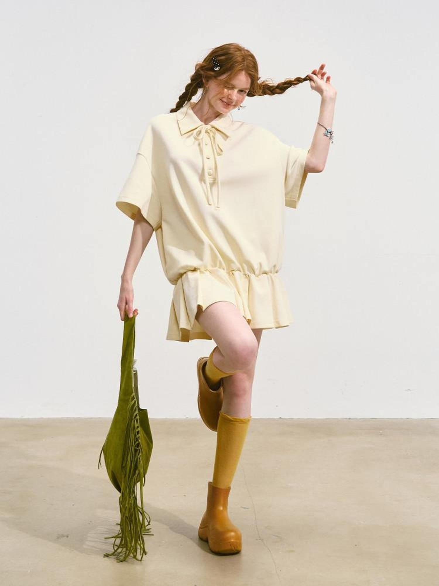SOMESOWE Cotton Blend Minimal Tie A Line Tee Office Beige Mini Dresses