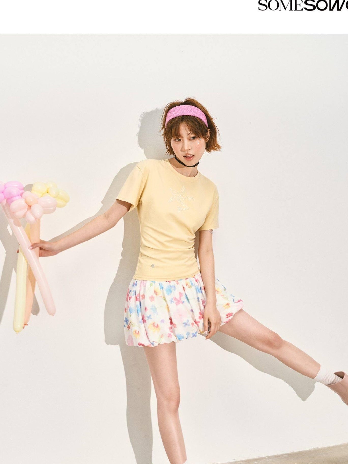SOMESOWE Pleated A Line Mid Waist Loose Fit Casual Floral Pink Polyester Mini Skirts