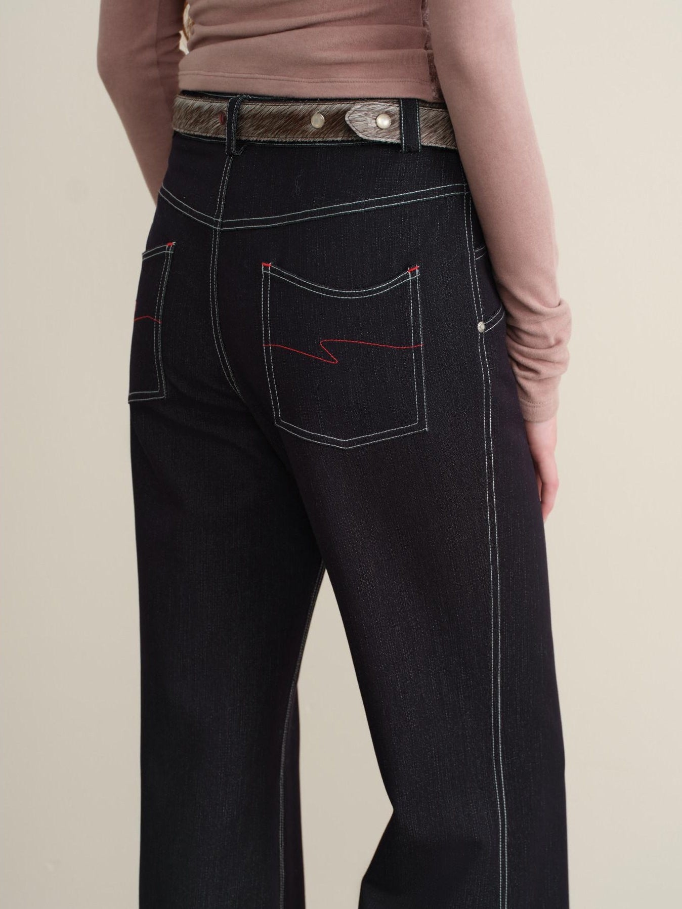 someonesometimes Stretch Minimal Natural Waist Topstitch Detail Women Midnight Blue Flared Jeans