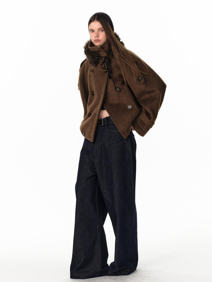 ALINNVSTUDIO Double Breasted Short Loose Lapel Commuter Women Thick Black Gray Wool Coats