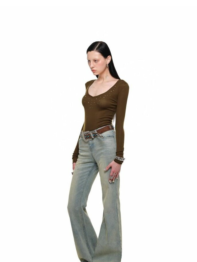 1JINN STUDIO Lyocell Wool Blend Commuter Slim Fit Low Round Neck Solid Long Sleeve T-Shirts