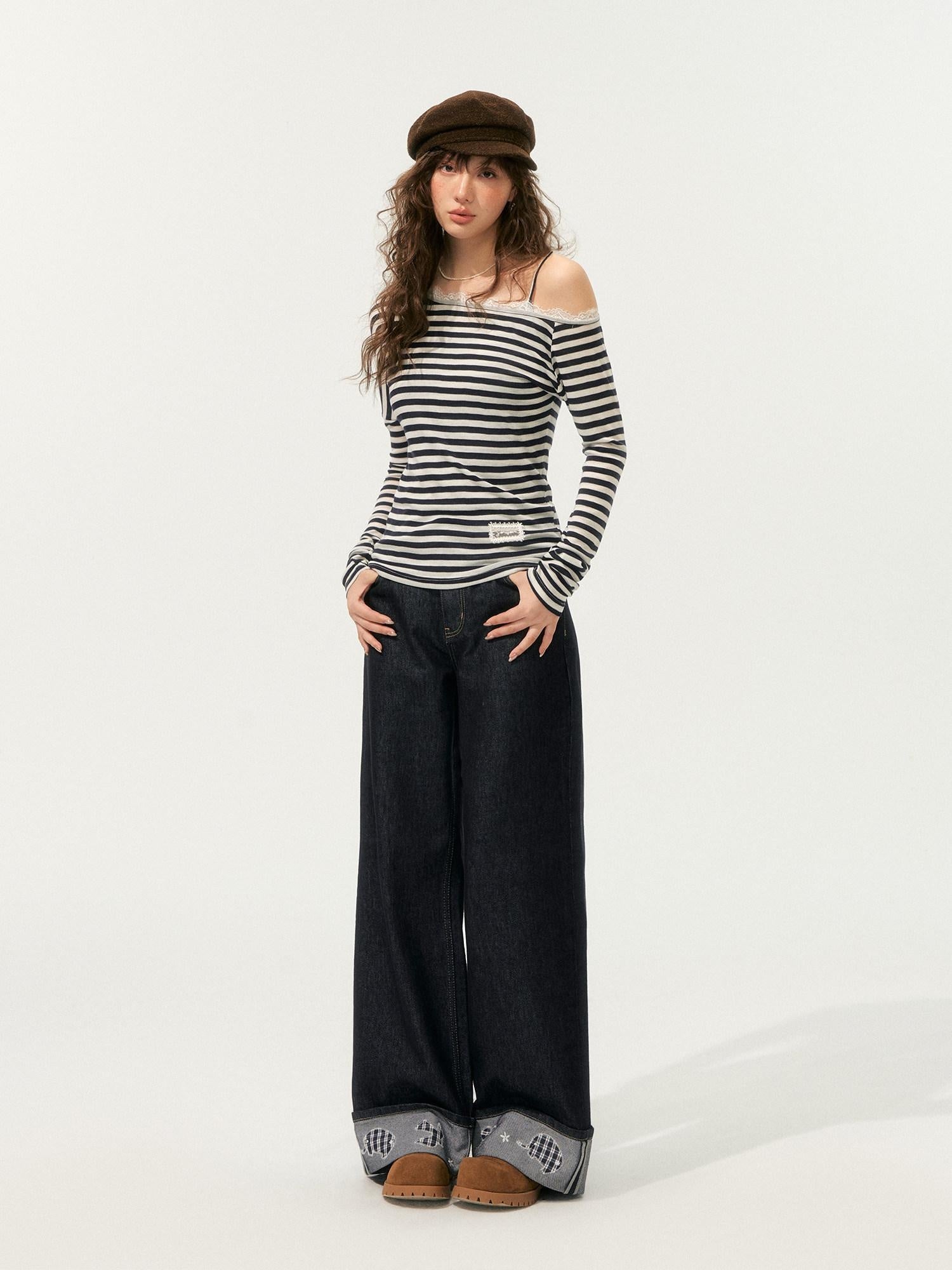 SOMESOWE Lyocell Blend Oversized Commuter Creative Navy Striped Women Long Sleeve T-Shirts