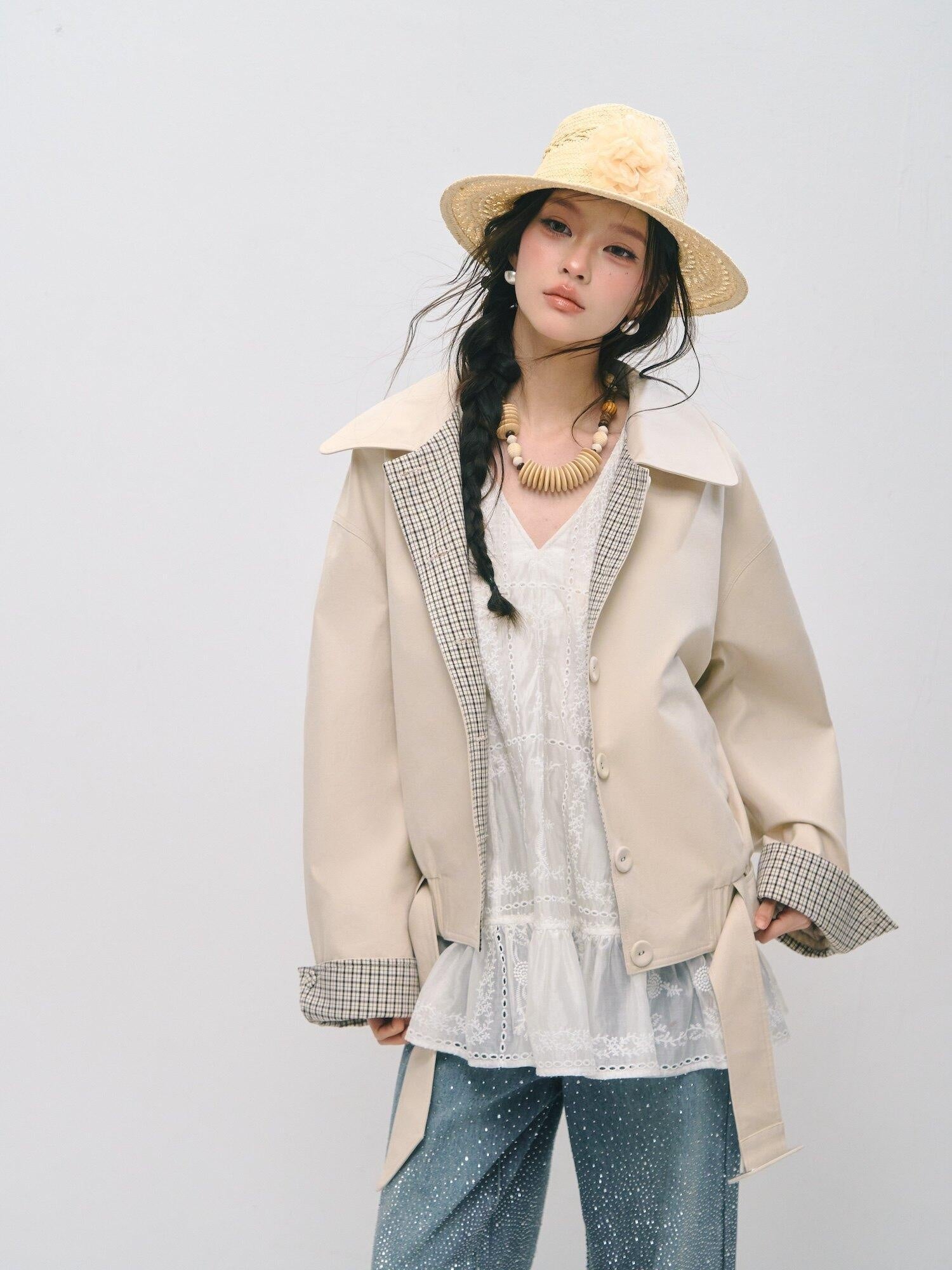 SOMESOWE Cotton Lyocell Blend Casual Relaxed Fit Women Button Ivory Trench Coats