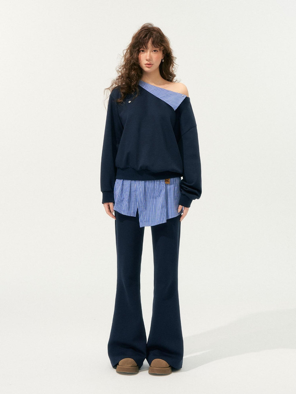 SOMESOWE Patchwork Cropped Oversized Collared Sweatshirt Heather Grey Top & Pants Sets