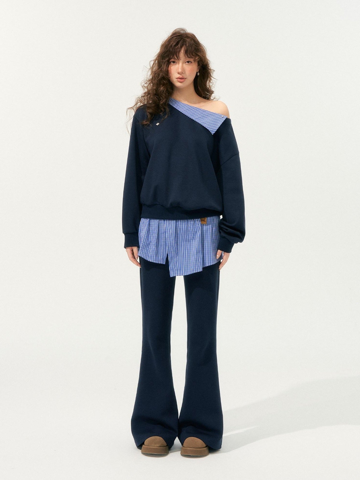 SOMESOWE Patchwork Cropped Oversized Collared Sweatshirt Heather Grey Top & Pants Sets