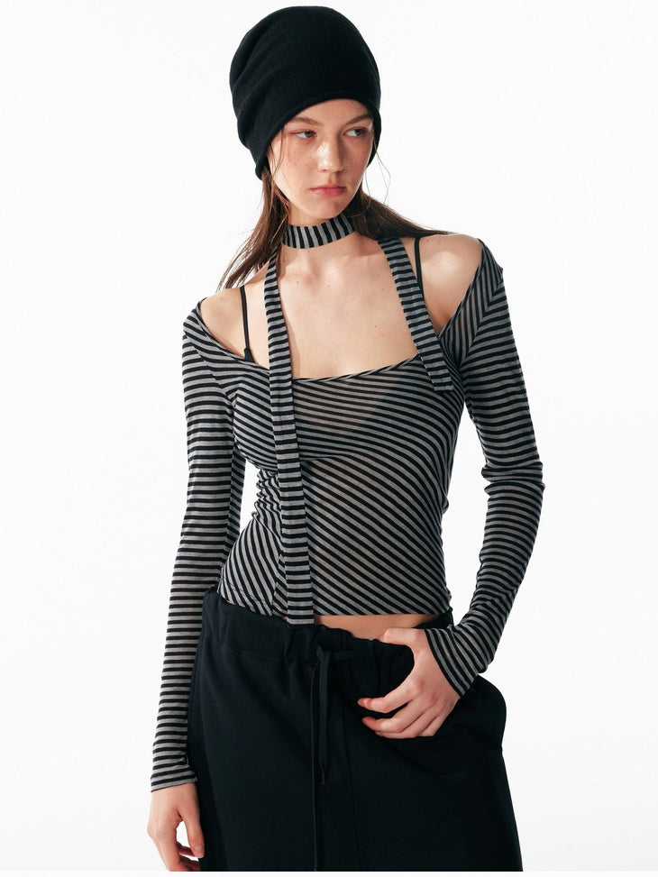 ALINNVSTUDIO Wool Blend Slim Fit Cropped Crewneck Striped Women Long Sleeve T-Shirts