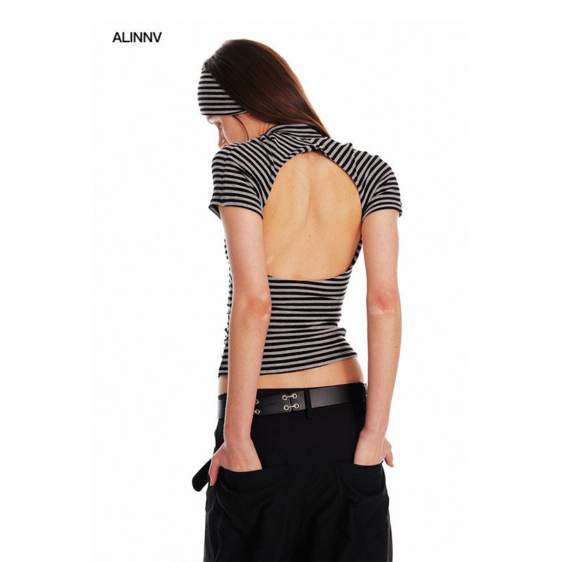 ALINNVSTUDIO_Creative_Patchwork_Slim_Fit_Cropped_Crewneck_Striped_Gray_Short_Sleeve_T-Shirts_MISSTT
